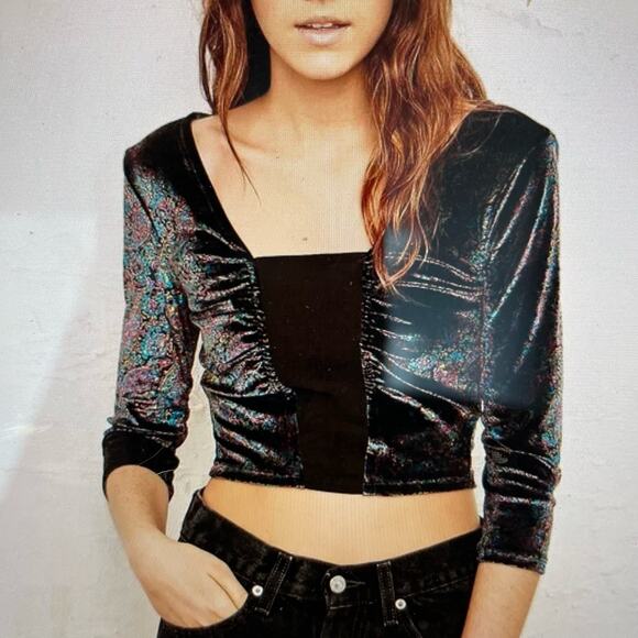 Ecote UO Bianca Black Velvet Paisley Shirred Crop Top XS - Picture 2 of 9